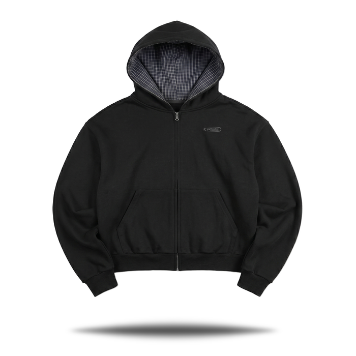 Plaid Boxy Zip Hoodie, Black