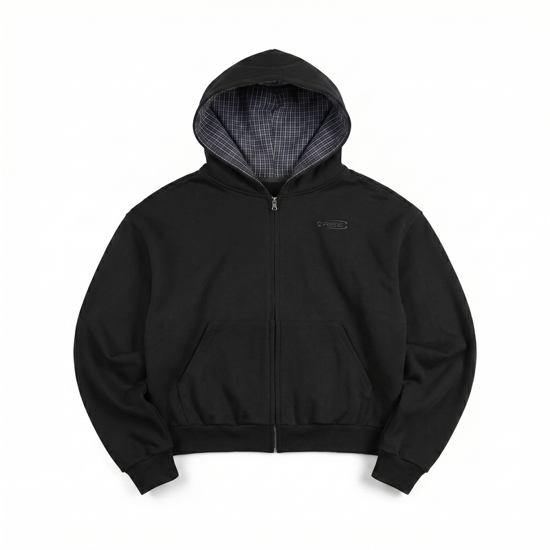 Plaid Boxy Zip Hoodie, Black