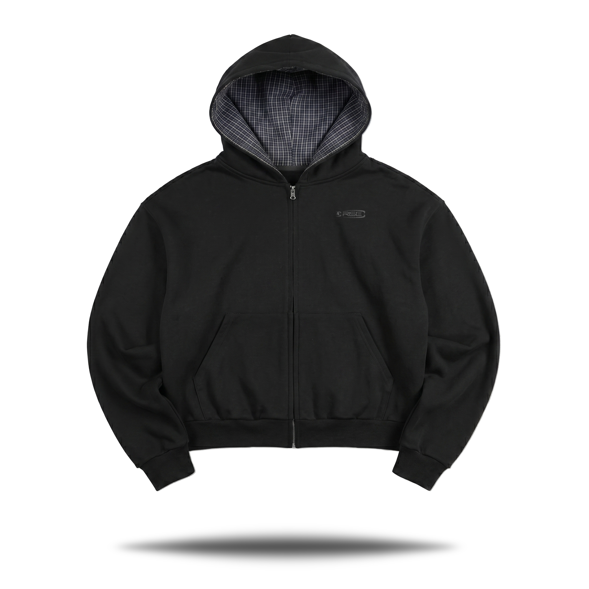 Plaid Boxy Zip Hoodie, Black