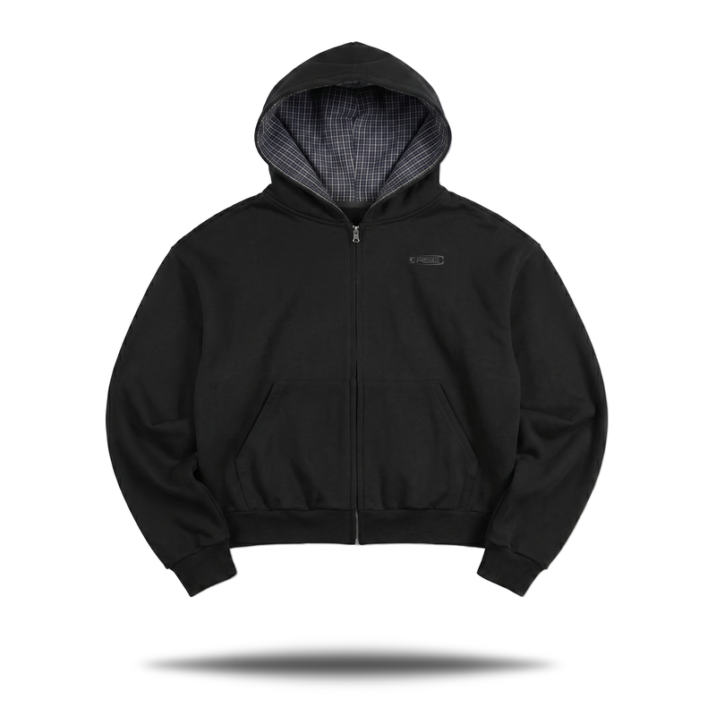Plaid Boxy Zip Hoodie, Black