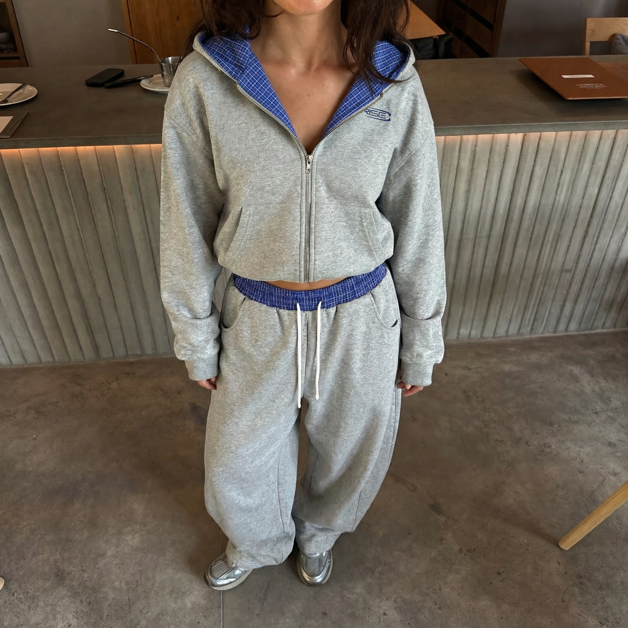 Contrast Plaid Boxy Zip Hoodie