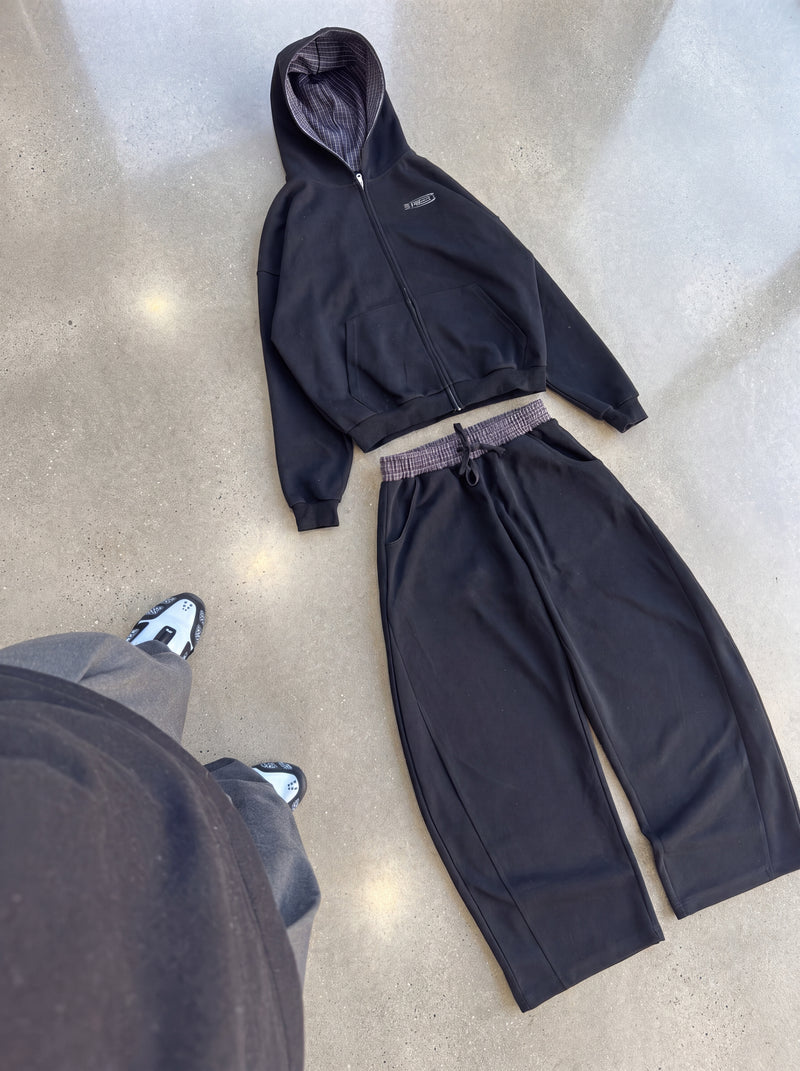 Plaid Boxy Zip Hoodie, Black