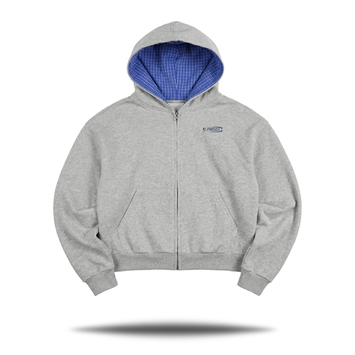 Plaid Boxy Zip Hoodie, Grey